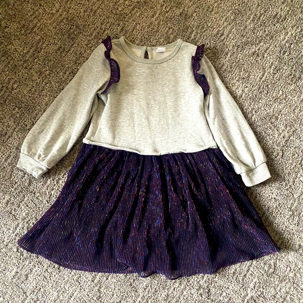 Fabulous Grey Sweater Dress with Purple Sparkly Skirt and Fun Ruffle Details